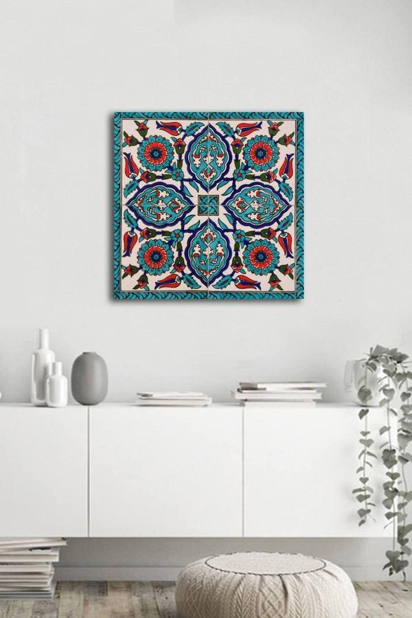 Tablosan Çini Stilize Çiçek Desenleri Kanvas Tablo 90x90 cm 90x90 cm - Image 1