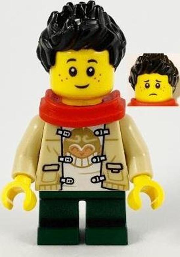 LEGO Minifigür Child Boy Monkie Kid Shirt Red Scarf Dark Green Short Legs Black Hair +5 Yaş (1 Parça) - Image 1