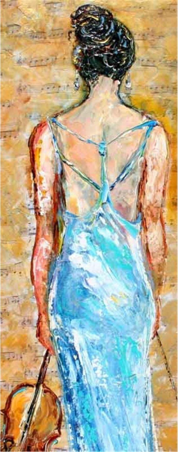 Tablosan Mavi Giymiş Keman Çalan Kadın Kanvas Tablo 50x120 cm Kb11009 50x120 cm - Image 1