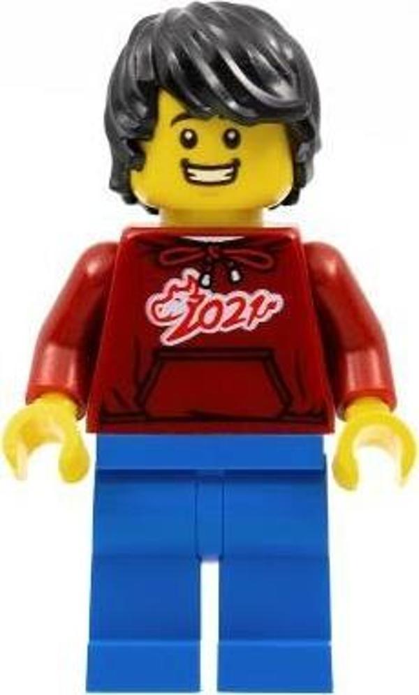 LEGO Minifigür Man Dark Red '2021' Shirt Blue Legs Black Hair +5 Yaş (1 Parça) - Image 1