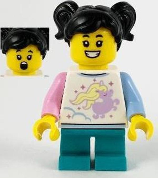 LEGO Minifigür Child Girl Unicorn Shirt Dark Turquoise Short Legs Black Hair +5 Yaş (1 Parça) - Image 1