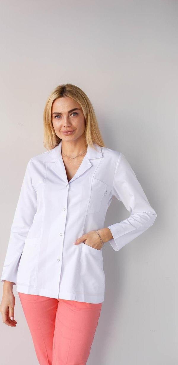 Vayvaylı Gömlek Yaka Ceket Boy Beyaz Kadın Doktor Öğretmen Laboratuvar Önlüğü - Image 1
