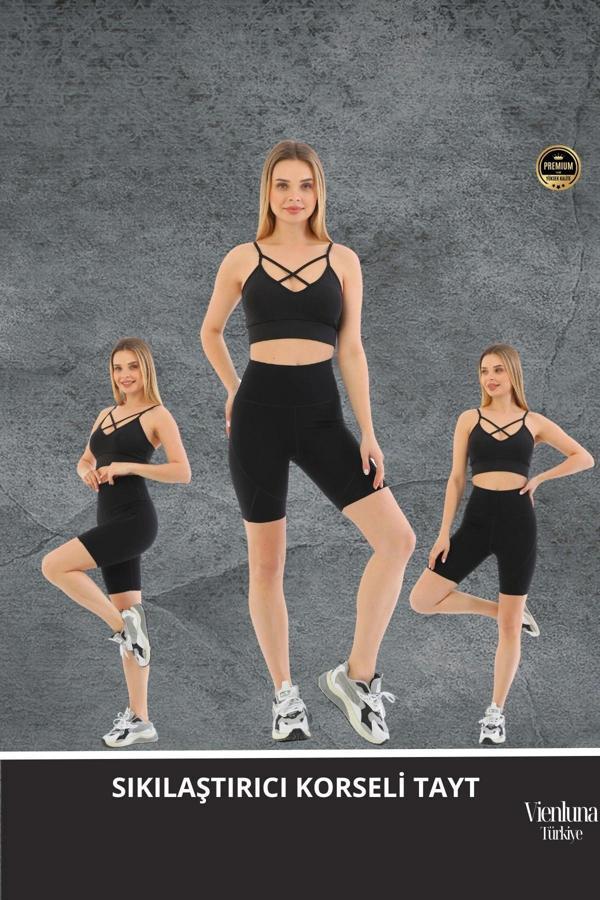 Premium Seri Sıkılaştırıcı Toparlayıcı Kaymaz Yapıda Korse Etkili Lazer Kesim Biker Tayt - Image 1