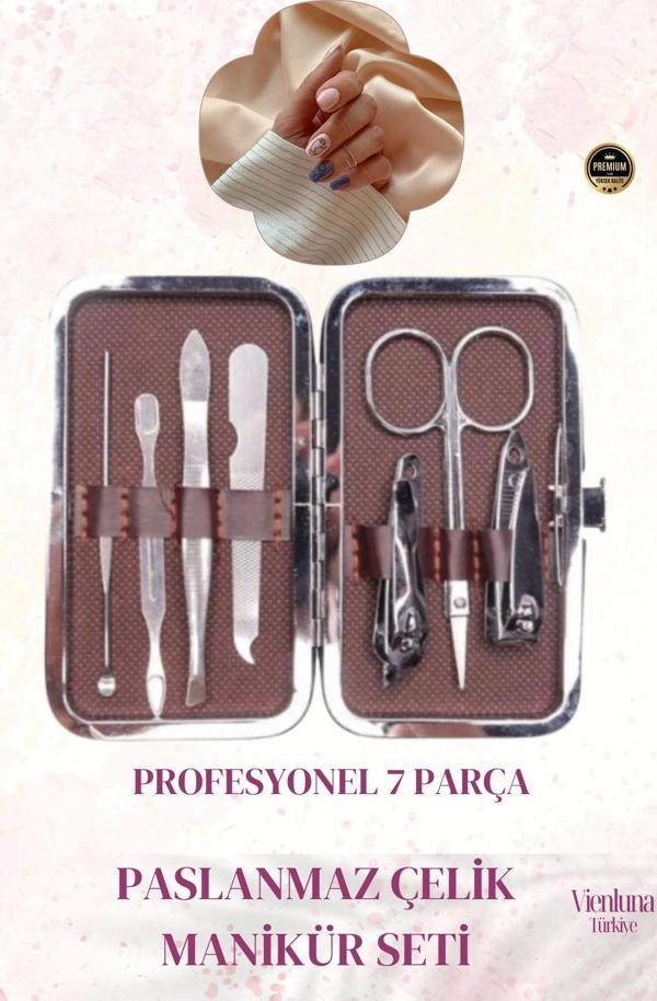 Premium Kalite Paslanmaz Çelik Uzun Ömürlü Uzun Ömürlü Deri Görünümlü 7 Parça Manikür Pedikür Seti - Image 1