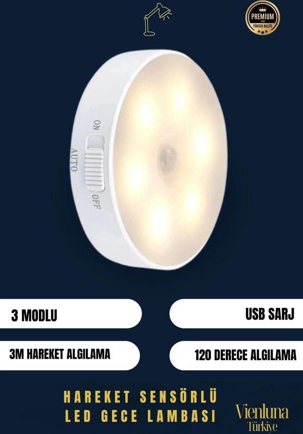 Premium Üretim 3 Mod Beyaz Işık Hareket Sensörlü 8 Ledli Usb Pratik Şarjlı Gece Lambası - Image 1