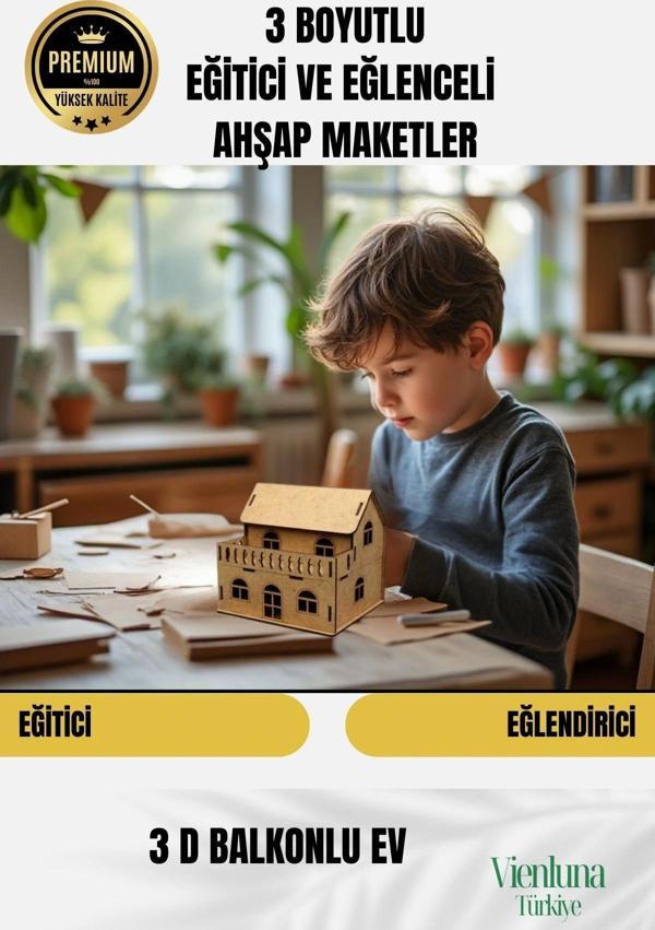 Yeni Sezon Eğitici Öğretici 3 Boyut Ahşap Puzzle Zeka Geliştirici Boyanabilir Oyun Maket Balkonlu Ev - Image 1