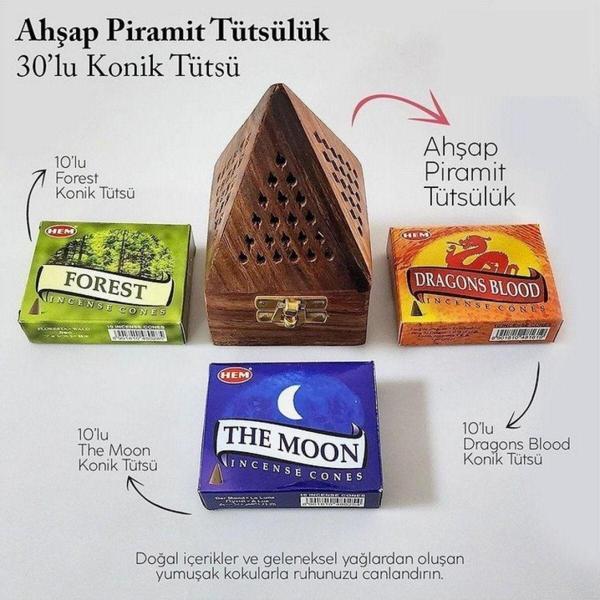 Akdeniz Vitamin Piramit Ahşap Tütsülük Ve 3 Çeşit 10Lu Konik Tütsü Orman Esintisi - Image 1