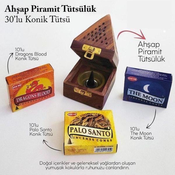 Akdeniz Vitamin Piramit Ahşap Tütsülük Ve 3 Çeşit 10Lu Konik Tütsü Sandal Ağacı Kokusu - Image 1