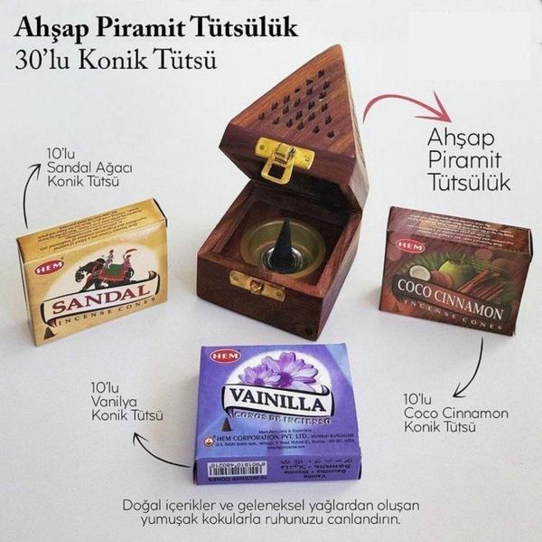 Akdeniz Vitamin Piramit Ahşap Tütsülük Ve 3 Çeşit 10Lu Konik Tütsü Vanilya Tarçın - Image 1