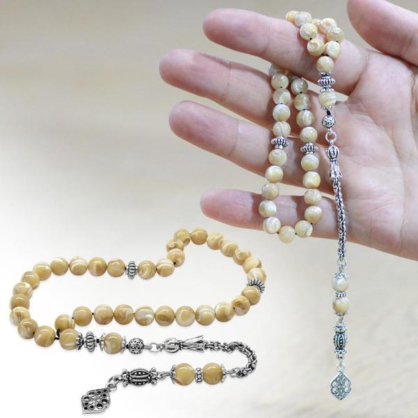 Kararmaz Metal Arnavut Zincir Püsküllü Küre Kesim Sarı Sedef Doğaltaş Tesbih - Image 1