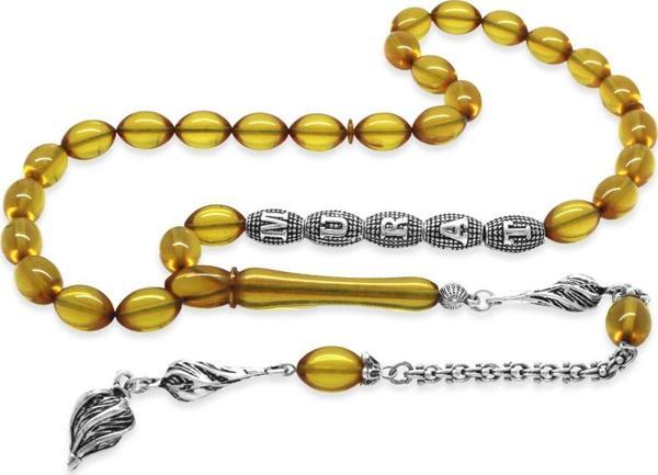 Kararmaz Metal Püsküllü Kişiye Özel İsim Yazılı Şeffaf Sarı Ateş Kehribar Tesbih - Image 1