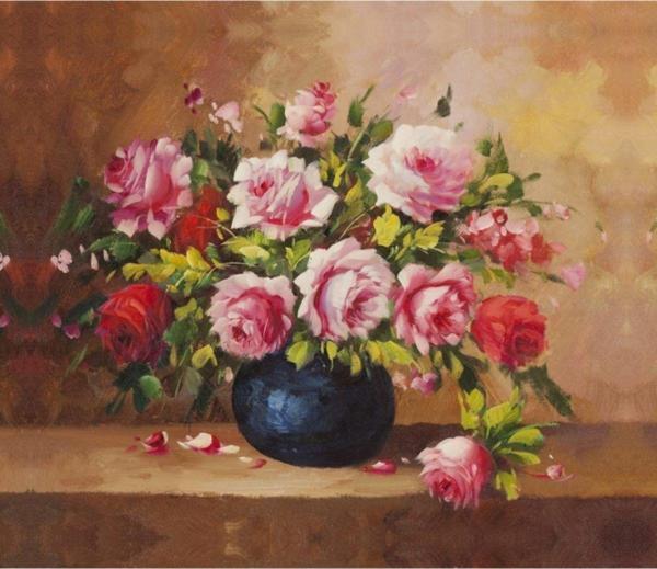 Tablosan Vazoda Pembe Güller Çiçekler Kanvas Tablo 50x70 cm 50x70 cm - Image 1