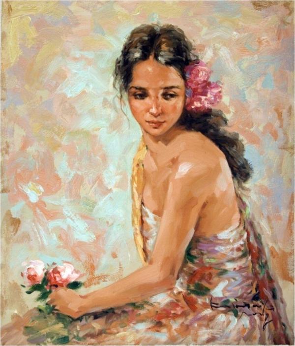 Tablosan Yağlı Boya Çiçekli Kadın Kanvas Tablo 50x70 cm B-13-053 50x70 cm - Image 1