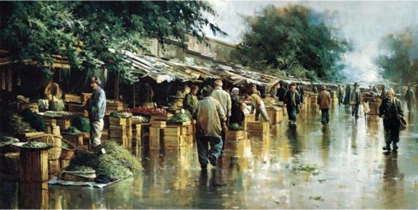 Tablosan Yağlı Boya Eski Pazar Yeri Kanvas Tablo 40x100 cm 40x100 cm - Image 1