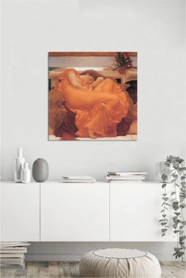 Tablosan Yağlı Boya Turuncu Elbiseli Oturan Kadın Kanvas Tablo 50x50 cm B-13-158 50x50 cm - Image 1