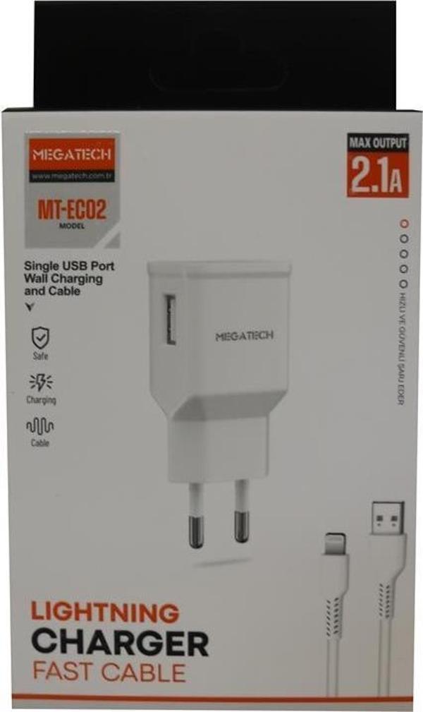 Megatech Ec02 Model 2.1A Lightning Usb Kablo + Ev Şarj Adaptörü Hızlı Şarj - Image 1