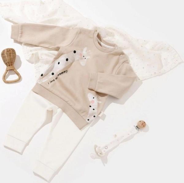 Baby Cosy Organik Zürafa Desenli Uzun Kollu Alt&Üst Takım Vizon 18-24 Ay - Image 1