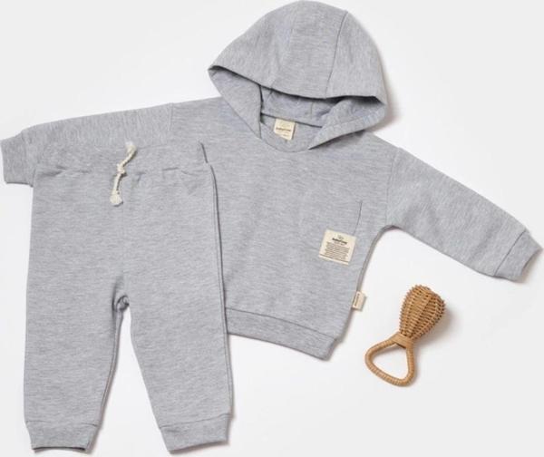 Baby Cosy Bebek Kapüşonlu Sweatshirt Ve Pantolon Seti, %100 Organik Pamuk, Bebek Ve Yenidoğan Serisi - Csy8000 Gri 18-24 Ay - Image 1