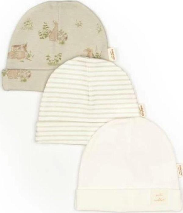 Baby Cosy Bebek 3Lü Şapka %100 Organik Pamuk, Bebek Ve Yenidoğan Serisi - Csy5959 Ekru 0-3 Ay - Image 1