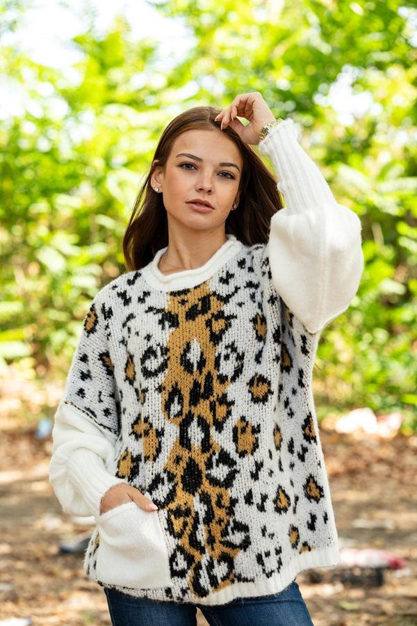 VerdeBlanco Cep Detaylı Kalın Triko Kazak Beyaz Leopar - Image 1