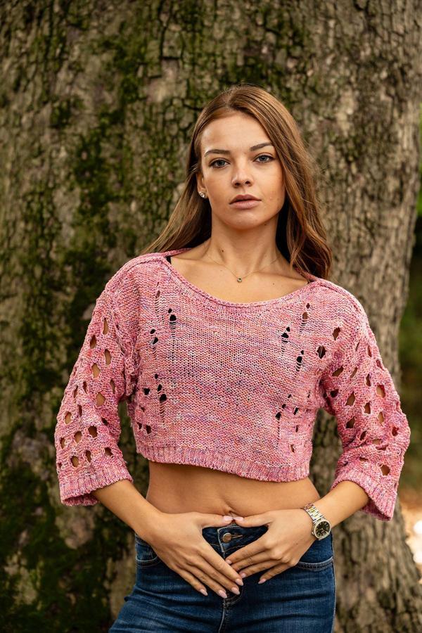 VerdeBlanco Yırtık Detaylı Örme Crop Top Açık Pembe - Image 1