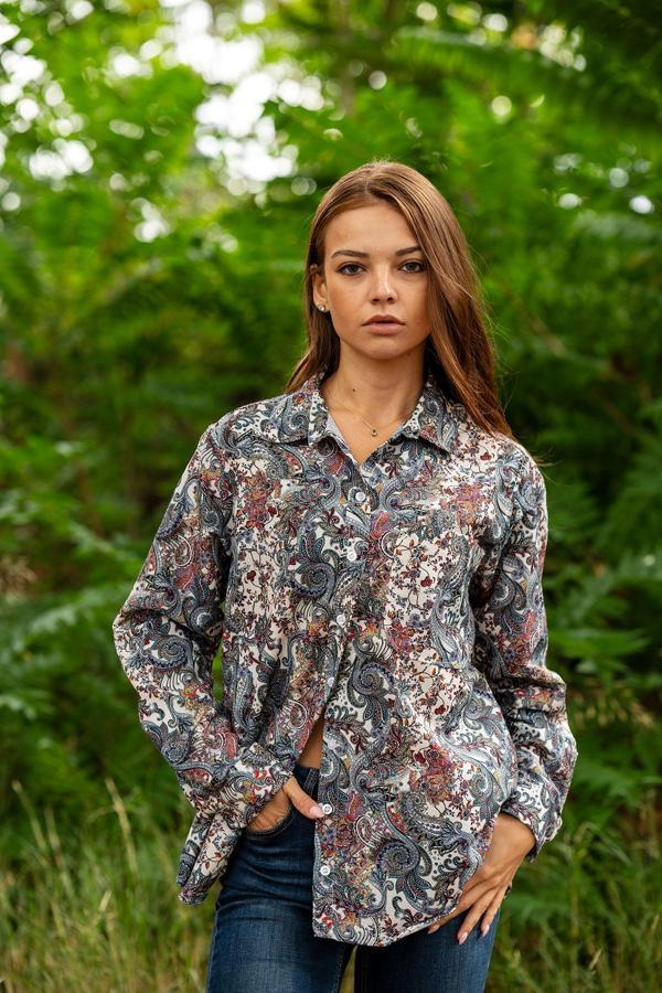 VerdeBlanco Dijital Çiçek Baskılı Uzun Kollu Relax Gömlek - Image 1