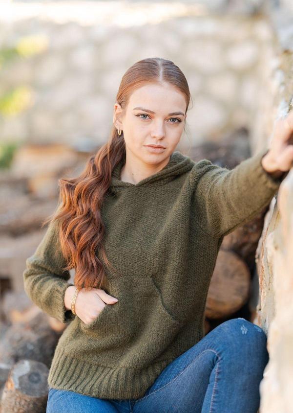 Kapüşonlu Kanguru Cepli Örme Sweatshirt - Image 1