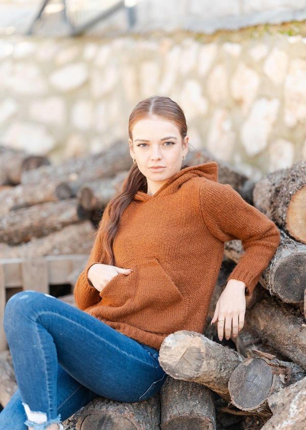 Kapüşonlu Kanguru Cepli Örme Sweatshirt - Image 1