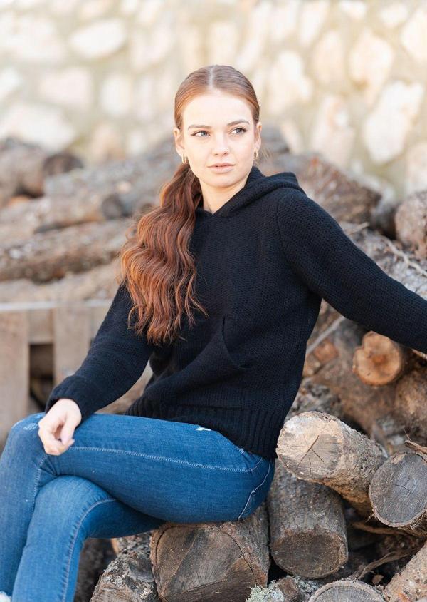 Kapüşonlu Kanguru Cepli Örme Sweatshirt - Image 1