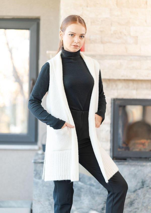 Basic Örme Şal Yaka Uzun Yelek - Image 1