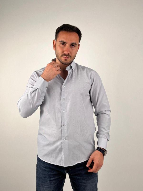 Mad&Calf Erkek Slim Fit İnce Çizgili Uzun Kollu Gömlek Lacivert 2XL - Image 1