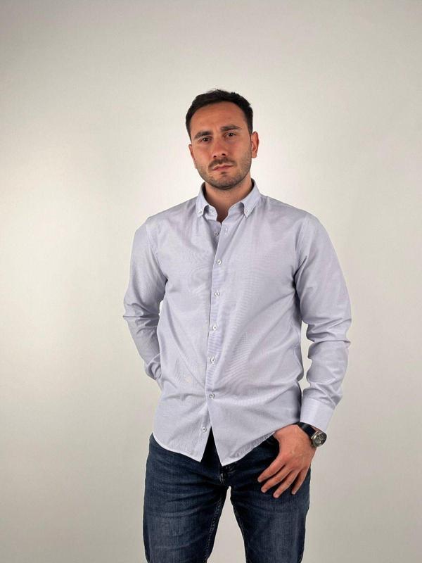 Mad&Calf Erkek Slim Fit İnce Çizgili Uzun Kollu Gömlek Mavi 2XL - Image 1