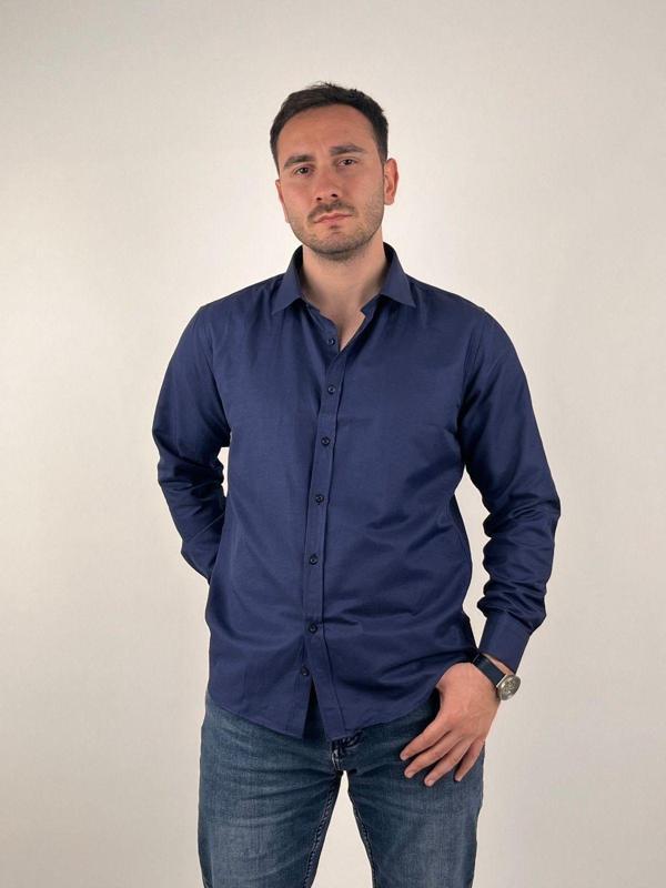 Mad&Calf Erkek Slim Fit Kesim Düğmeli Yaka Uzun Kollu Gabardin Gömlek Lacivert 2XL - Image 1
