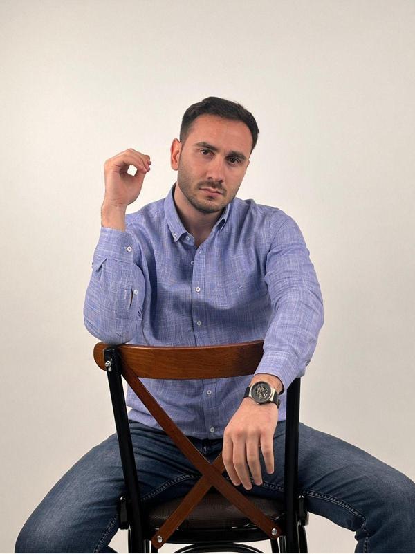 Mad&Calf Erkek Slim Fit Nakış Desenli Uzun Kollu Gömlek Mavi 2XL - Image 1