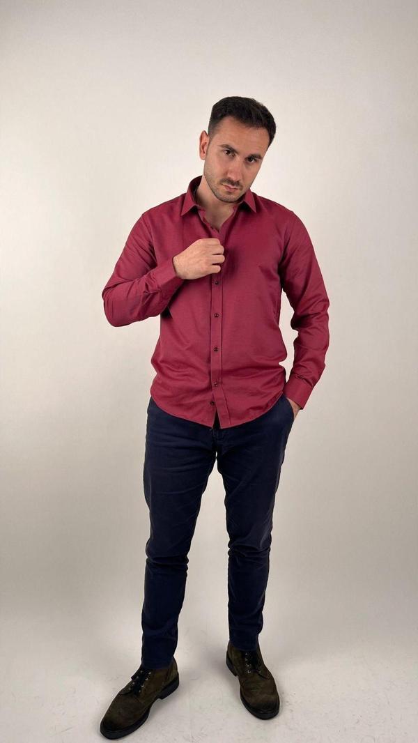 Mad&Calf Erkek Slim Fit Uzun Kollu Düğmeli Yaka Oxford Gömlek Bordo 2XL - Image 1