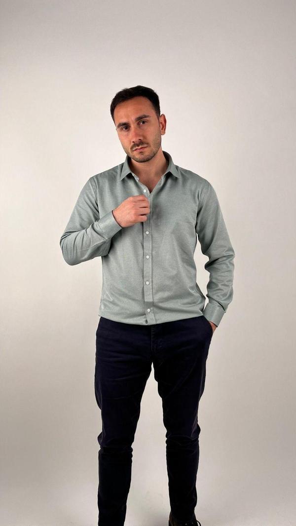 Mad&Calf Erkek Slim Fit Uzun Kollu Düğmeli Yaka Oxford Gömlek Su Yeşili XL - Image 1