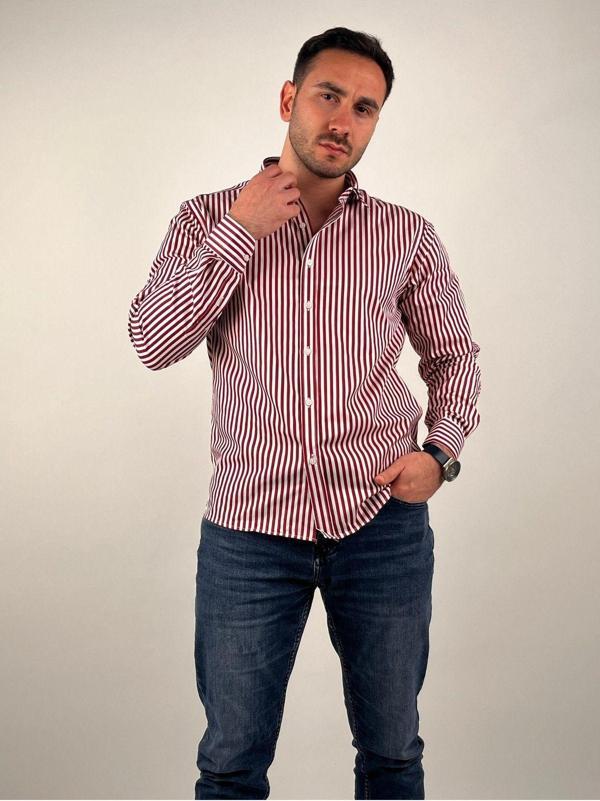 Mad&Calf Erkek Slim Fit Yaka Düğmeli Uzun Kollu Çizgili Gömlek Bordo 2XL - Image 1