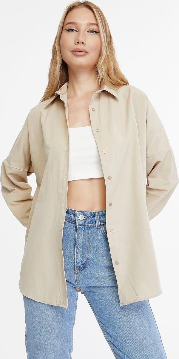 Mad&Calf Kadın Basic Uzun Oversize Kalıp Gömlek Krem S - Image 1