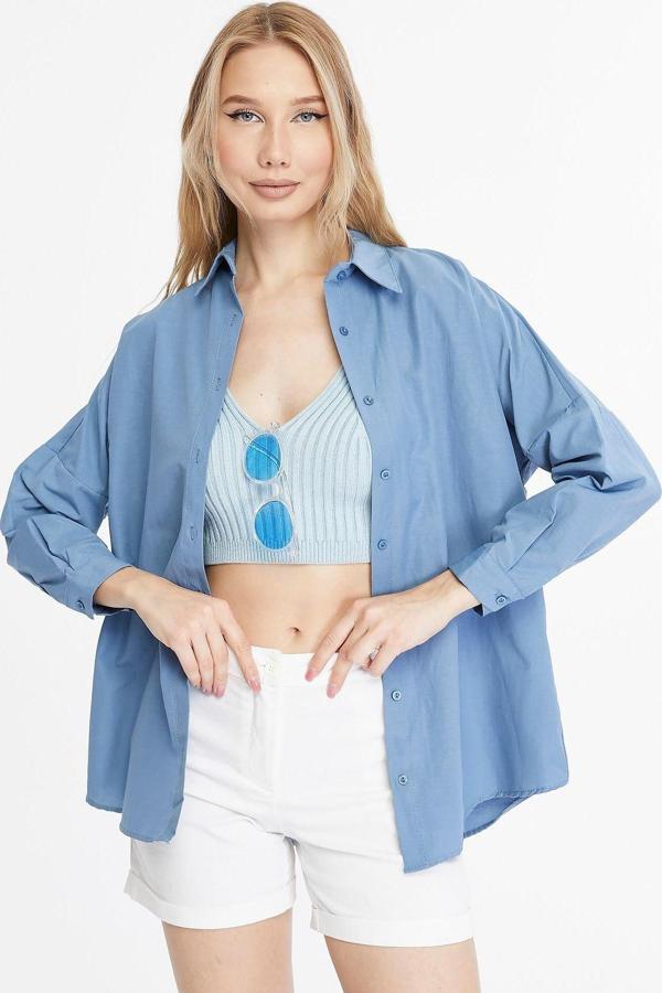 Mad&Calf Kadın Basic Uzun Oversize Kalıp Gömlek Açık Mavi XL - Image 1