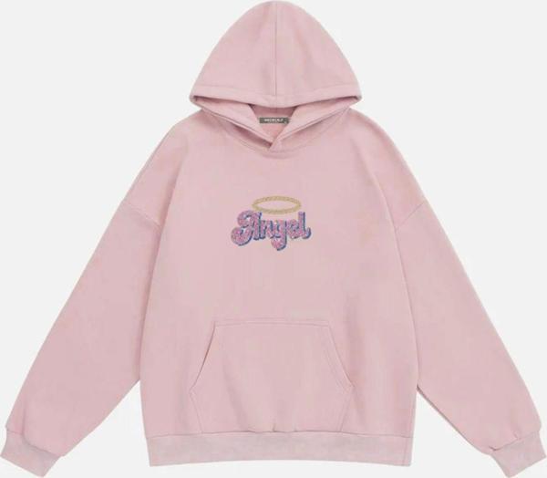 Mad&Calf Kadın Angel Taş Baskılı Kapüşonlu Polarlı Oversize Sweatshirt Pembe 2XL - Image 1