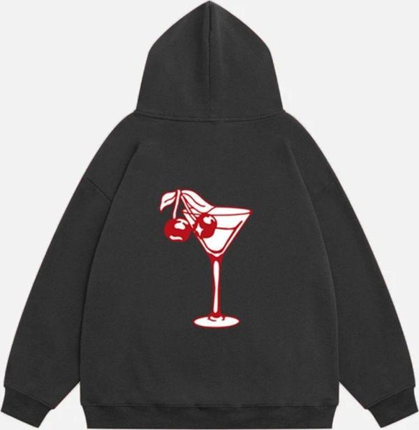 Mad&Calf Kadın Cherry Coctail Baskılı Kapüşonlu Polarlı Oversize Sweatshirt Füme 2XL - Image 1