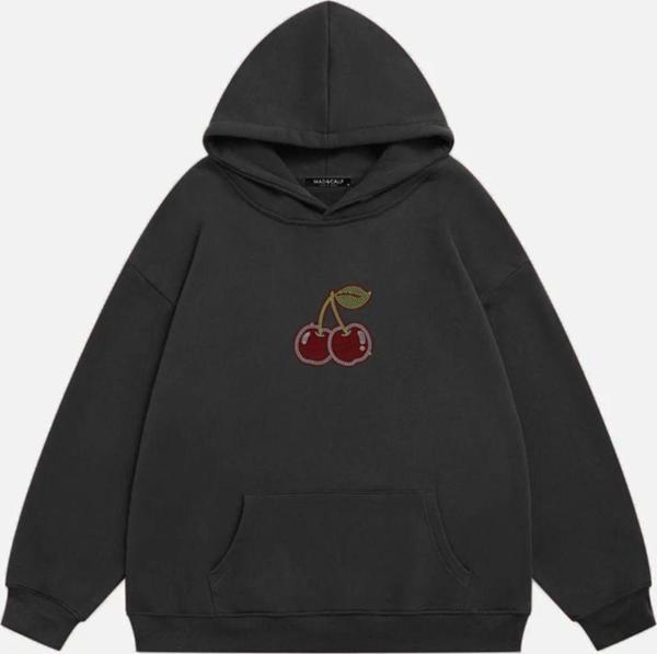 Mad&Calf Kadın Cherry Taş Baskılı Kapüşonlu Polarlı Oversize Sweatshirt Füme 2XL - Image 1
