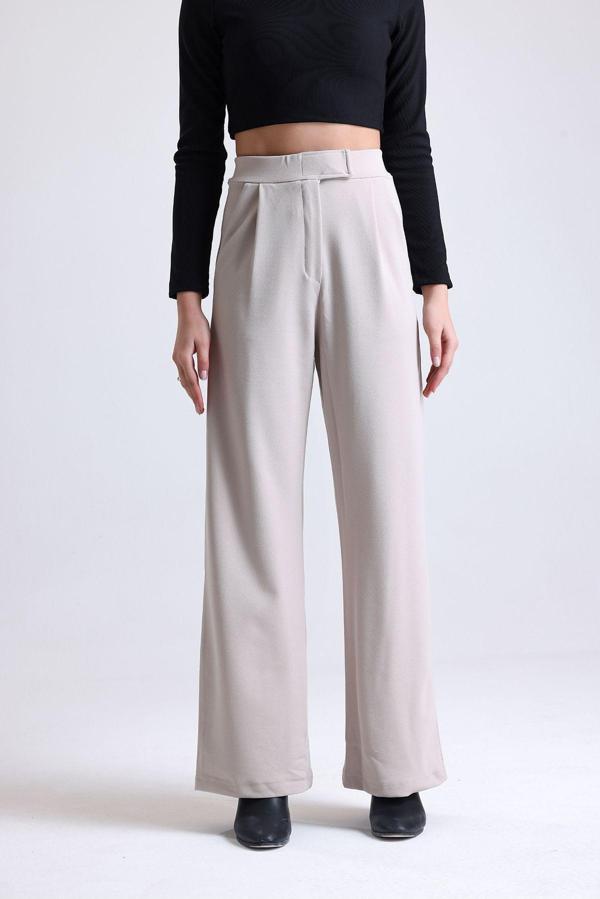 Mad&Calf Kadın Wide Leg Likralı Cırt Kapamalı Lastikli Palazzo Pantolon Bej 2XL - Image 1