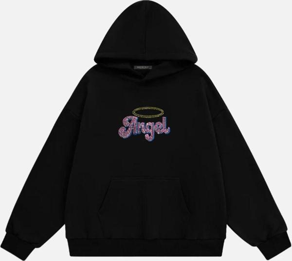 Mad&Calf Kadın Angel Taş Baskılı Kapüşonlu Polarlı Oversize Sweatshirt Siyah 2XL - Image 1