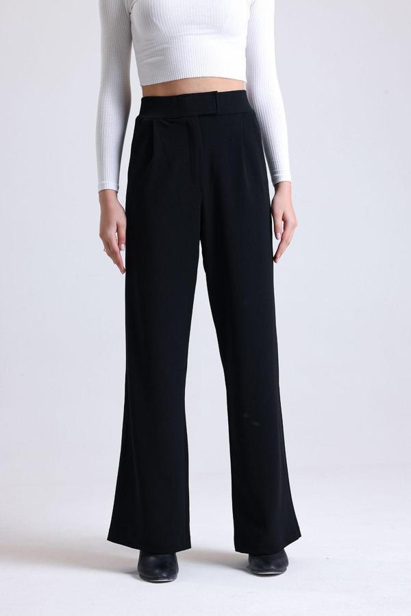 Mad&Calf Kadın Wide Leg Likralı Cırt Kapamalı Lastikli Palazzo Pantolon Siyah 2XL - Image 1