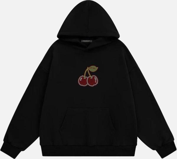 Mad&Calf Kadın Cherry Taş Baskılı Kapüşonlu Polarlı Oversize Sweatshirt Siyah M - Image 1