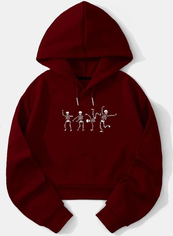 Mad&Calf Kadın İskelet Baskılı Kapüşonlu Crop İçi Polarlı Oversize Sweatshirt Bordo L - Image 1
