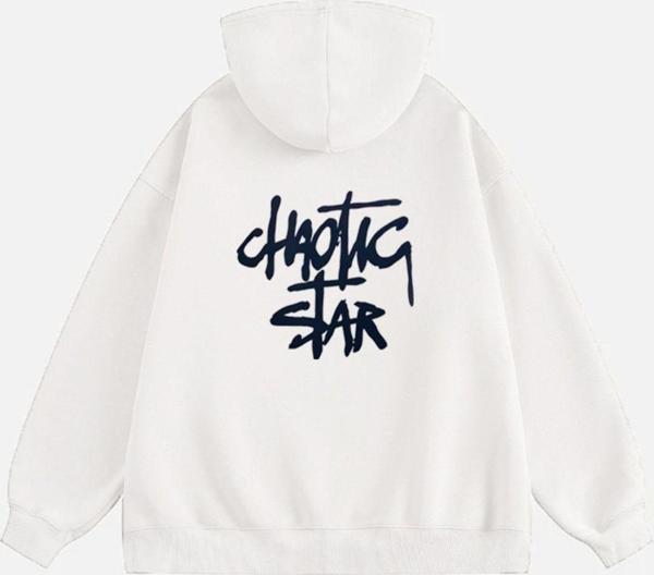 Mad&Calf Kadın Chaotic Star Baskılı Kapüşonlu Polarlı Oversize Sweatshirt Ekru 2XL - Image 1