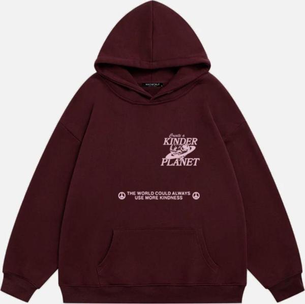 Mad&Calf Kadın Kinder Planet Baskılı Kapüşonlu Polarlı Oversize Sweatshirt Bordo 2XL - Image 1