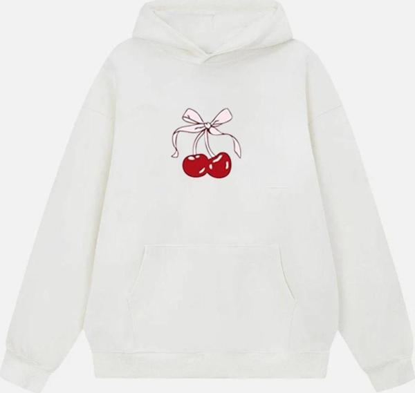 Mad&Calf Kadın Cherry Baskılı Kapüşonlu İçi Polarlı Oversize Sweatshirt Ekru 2XL - Image 1
